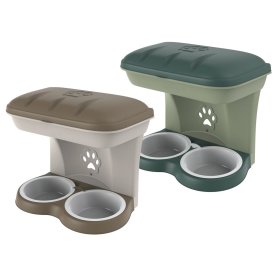 Feeding station with 2 wells and storage compartment for...
