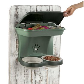 Feeding station with 2 wells 2.3 liters and storage compartment for wall mounting Feed double bowl green