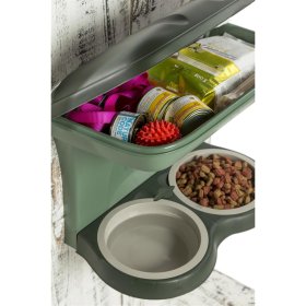 Feeding station with 2 wells 2.3 liters and storage compartment for wall mounting Feed double bowl green