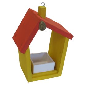 Bird Feeder Birdhouse PICNIC larch wood + ceramic bowl red-yellow