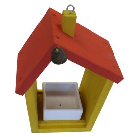 Bird Feeder Birdhouse PICNIC larch wood + ceramic bowl red-yellow