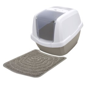 Economy pack cat toilet litter tray bonnet toilet with hinged swinging door white-grey incl. mat