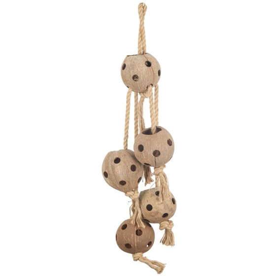 Vogelspielzeug Papageienspielzeug Naturspielzeug aus Kokosnüssen am Sisalseil Länge ca. 70 cm