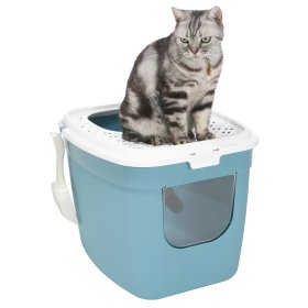 Cat Litter Box with Front and Top Entry Turquoise-White