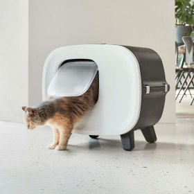 Designer retro cat litter box with swing flap, filter and drawer black-white