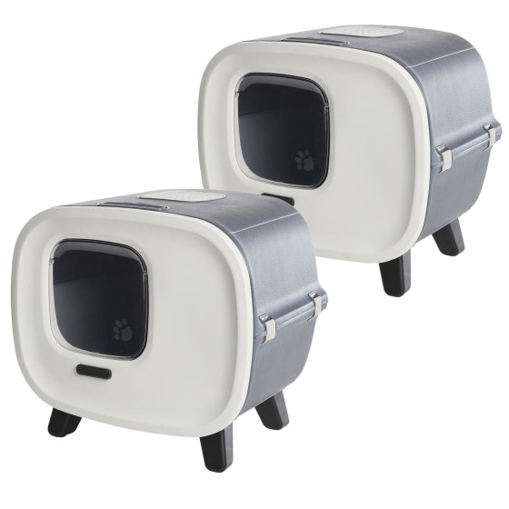2-pack designer retro litter tray with swing flap, filter and drawer + free toy