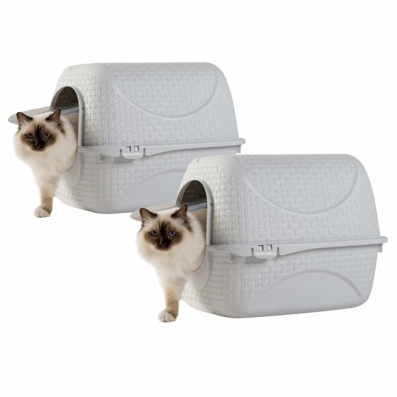2-pack cat litter tray with rattan look, filter, litter scoop white