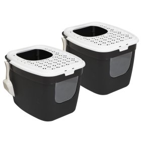 2-pack cat litter tray with front and top entry black and white