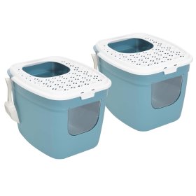 2-pack cat litter tray with front and top entry turquoise-white