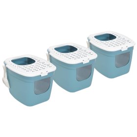 3-pack cat litter tray with front and top entry Turquoise-White