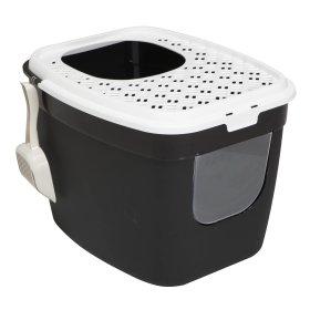 (B-WARE) Katzentoilette Katzenklo mit Einstieg vorne und oben 54 x 44 x 41 cm Schwarz-Weiß