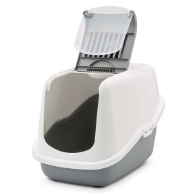 Sparpack Katzentoilette Katzenklo Haubentoilette NESTOR weiss-grau mit großer Vorlegematte