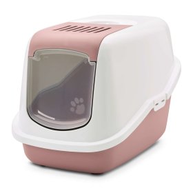2-pack cat litter tray NESTOR hooded litter tray in white-pink with free cat toy